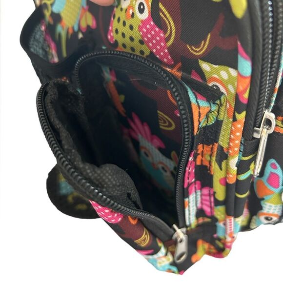 Owl Colorful Print Black Canvas Multi Compartment Crossbody Shoulder Bag - Picture 4 of 6